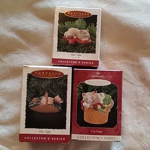 3 Hallmark Keepsake ornaments Cat Naps basket clip